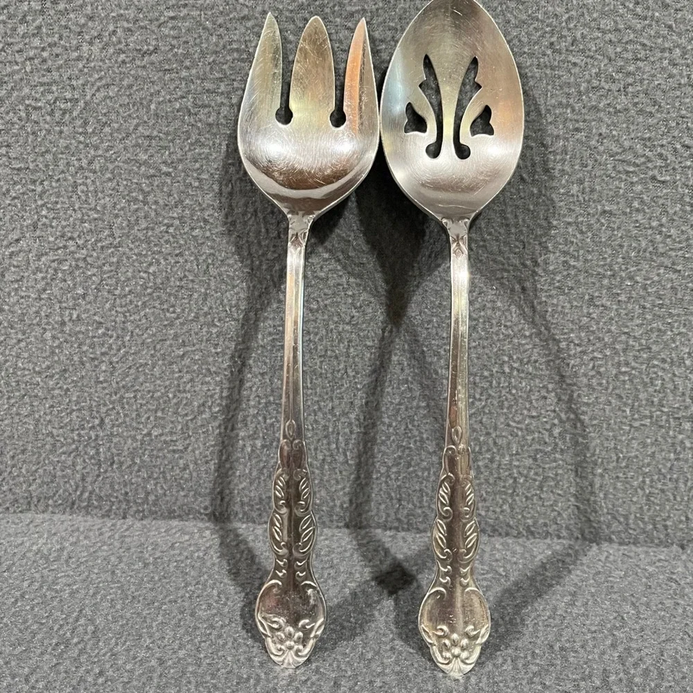 Vintage National Stainless Japan Serving Spoon & Fork Set Floral Stainless Steel
